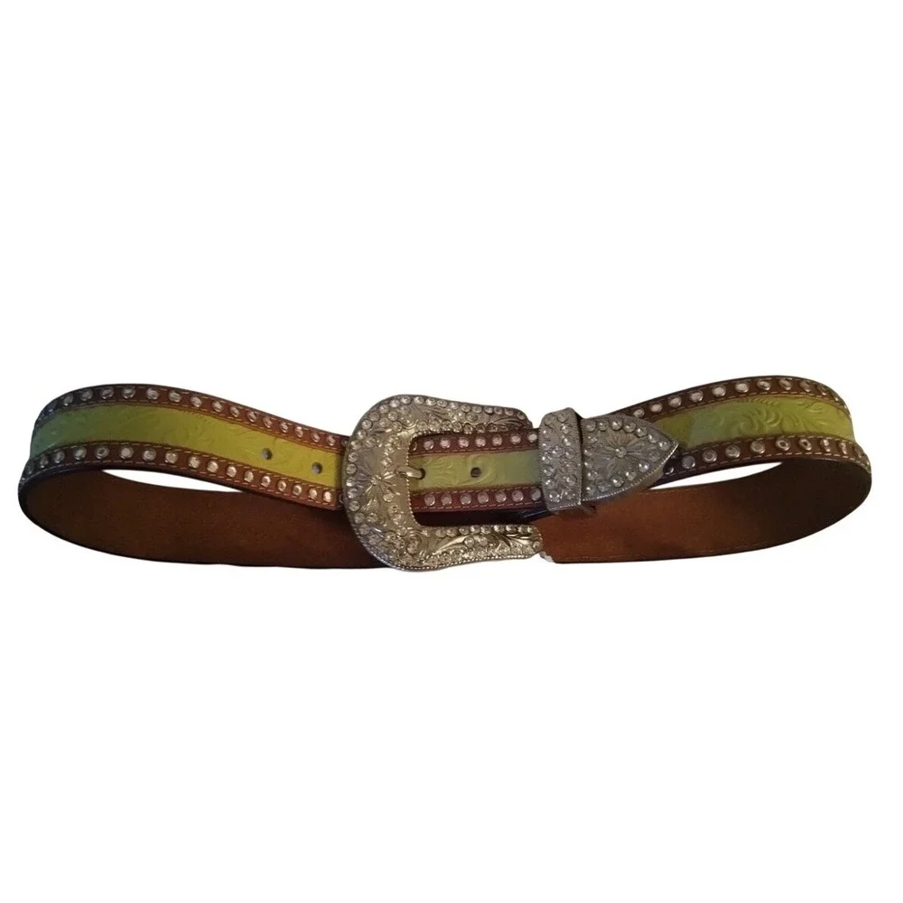3D Belt Company Lime/Brown Geunine Leather Rhinestone Westen Belt Girls Youth L
